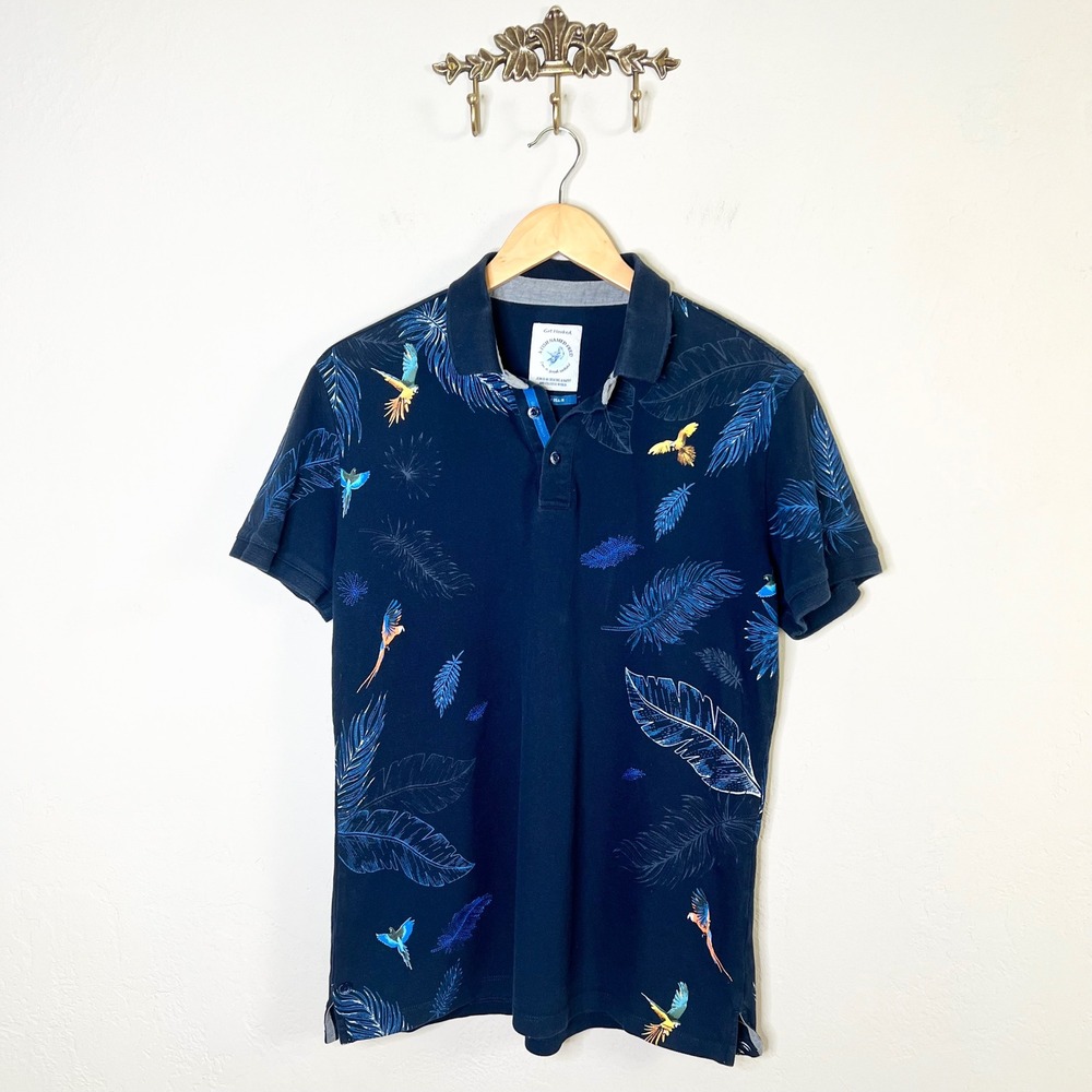 A Fish Named Fred Polo‎ Shirt Parrot Leaf Embroidered Size M Blue Short Sleeve